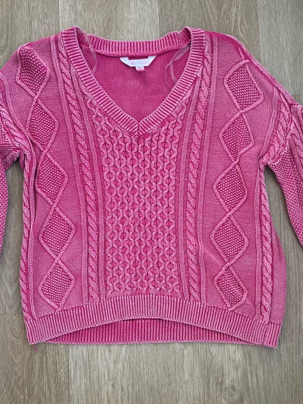 No Boundaries Bright Pink Cable Knit V-Neck Sweater